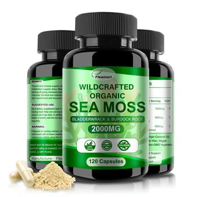 Fleamart Irish Sea Moss Capsules 120ct Raw Sea Moss Wildcrafted Bladderwrack Burdock Root Capsules Super Food Immune System Digestive Health Sea Moss Pills