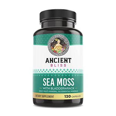 Ancient Bliss Organic Irish Sea Moss Pills - Dr Sebi Wildcrafted Seamoss Capsules Thyroid, Healthy Skin Gut Support 120 Capsules