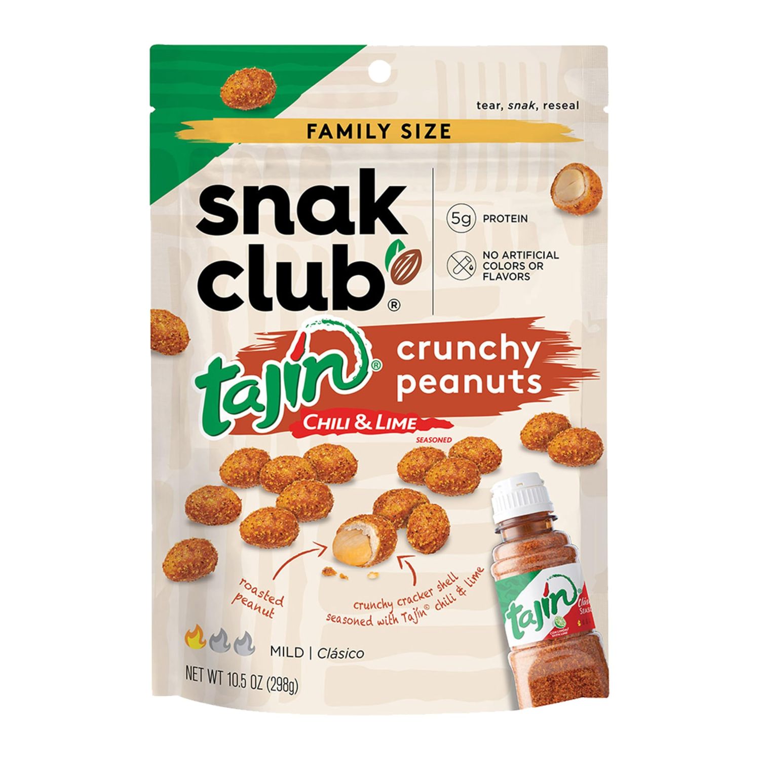 Snak Club Tajin Crunchy Peanuts, Nuts with Chili and Lime Seasoning, Mild, No Artificial Colors or Flavors, 10.5 oz Resealable Bag