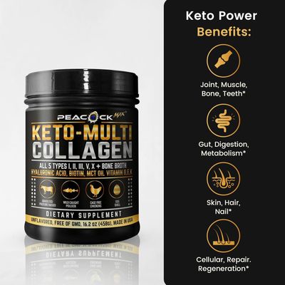 Peacock Max Keto Multi Collagen Peptides 16.2 oz - Bone Broth Protein Powder, 5 Types Hydrolyzed Collagen, MCT Oil, Biotin Electrolytes for Joint, Skin, Hair Gut Health, Unflavored Protein Powder