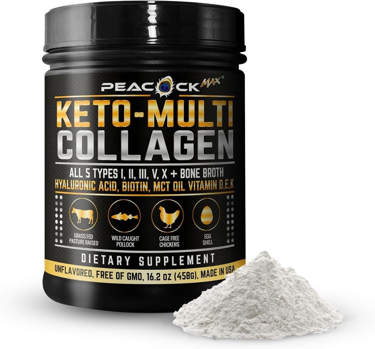 Peacock Max Keto Multi Collagen Peptides 16.2 oz - Bone Broth Protein Powder, 5 Types Hydrolyzed Collagen, MCT Oil, Biotin Electrolytes for Joint, Skin, Hair Gut Health, Unflavored Protein Powder