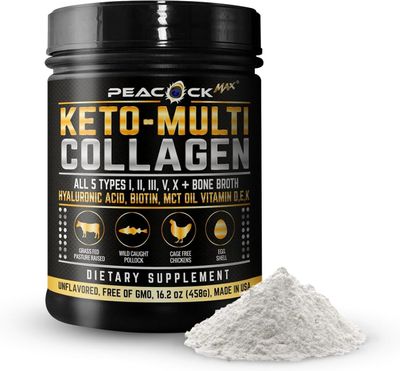 Peacock Max Keto Multi Collagen Peptides 16.2 oz - Bone Broth Protein Powder, 5 Types Hydrolyzed Collagen, MCT Oil, Biotin Electrolytes for Joint, Skin, Hair Gut Health, Unflavored Protein Powder