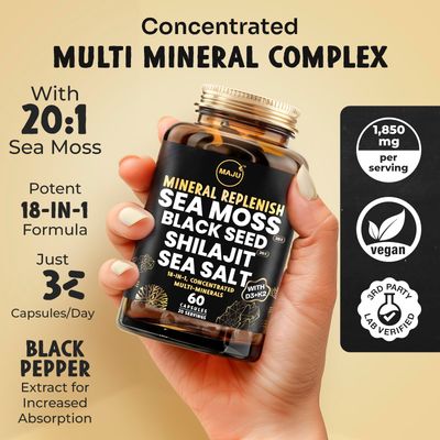 Maju Superfoods 18-in-1 Sea Moss, Black Seed, Shilajit, Sea Salt D3 K2, Concentrated Extracts, Trace Multi Mineral Capsules, for Men Women Mineral Electrolytes Supplements