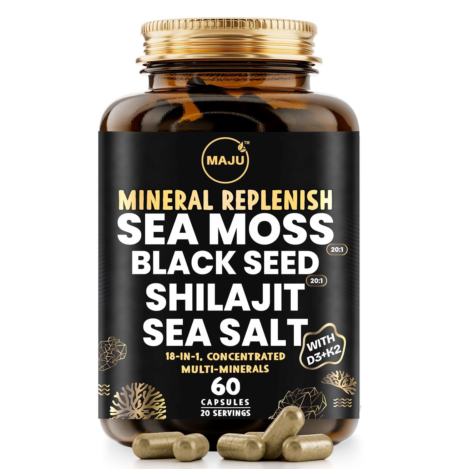 Maju Superfoods 18-in-1 Sea Moss, Black Seed, Shilajit, Sea Salt D3 K2, Concentrated Extracts, Trace Multi Mineral Capsules, for Men Women Mineral Electrolytes Supplements