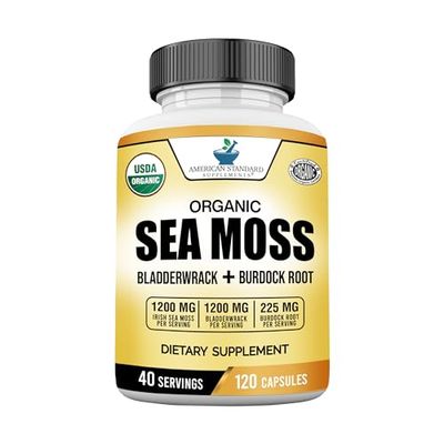 American Standard Supplements Organic Sea Moss, Bladderwrack Burdock Root Capsules - 1200mg Sea Moss, 1200mg Bladderwrack, 225mg Burdock Root Per Serving - 120 Capsules, 40 Servings