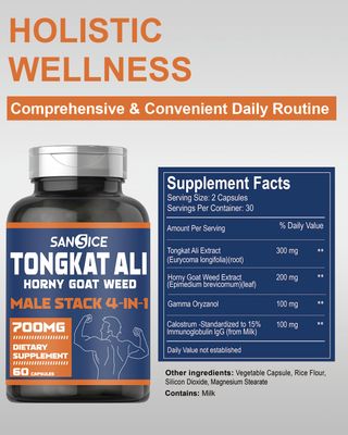 SANSICE Tongkat Ali Supplement for Vitality-Tongkat Ali Extract with Horny Goat Weed, Oryzanol Calostrum for Men, Male Supplement Horny Goat Weed Capsules for Hormone, Energy, Strength(60 Capsules)