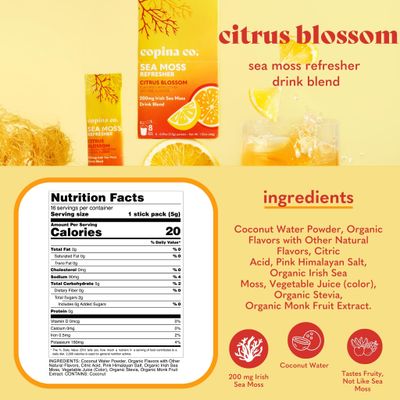 Organic Irish Sea Moss Powder - 200mg Packets for Gut Health and Immune Support - Citrus Blossom Flavored Seamoss Drink with Coconut Water for Hydration, Muscle Recovery - 8 Stick Packs