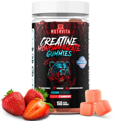 MstrVita - Creatine Monohydrate Gummies 5g - Vegan and Non-GMO - Boost Endurance, Strength and Muscle Gain - Low Sugar No Artificial Flavors - Strawberry Flavor - for Men and Women