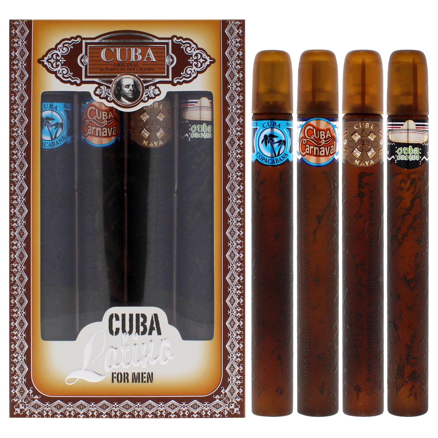 Cuba Latino Collection By Champs For Men. 4 Pc. Gift Set (Contains Eau De Toilette Spray 1.17 Oz 35 Ml Of Carnaval, Cactus, Maya Copacabana)