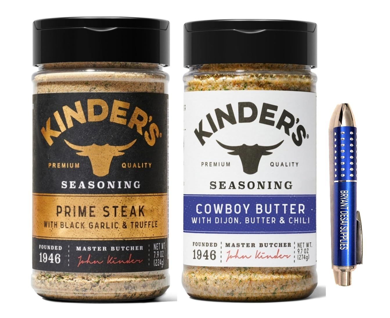 Prime Steak with Black Garlic and Truffle Seasoning (7.9 oz.) kinders And Cowboy Butter Seasoning (9.7 oz.) kinders, Packaged with BRYANT DESAI SUPPLIES Pen