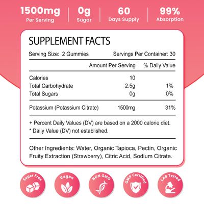 Zetelixia 2 Pack Potassium Gummies for Adults Women Men, Potassium Citrate Supplement, Support Leg Cramps, Muscle Health Electrolyte Balance, Sugar Free, Organic, Vegan, Strawberry, 120 Cts