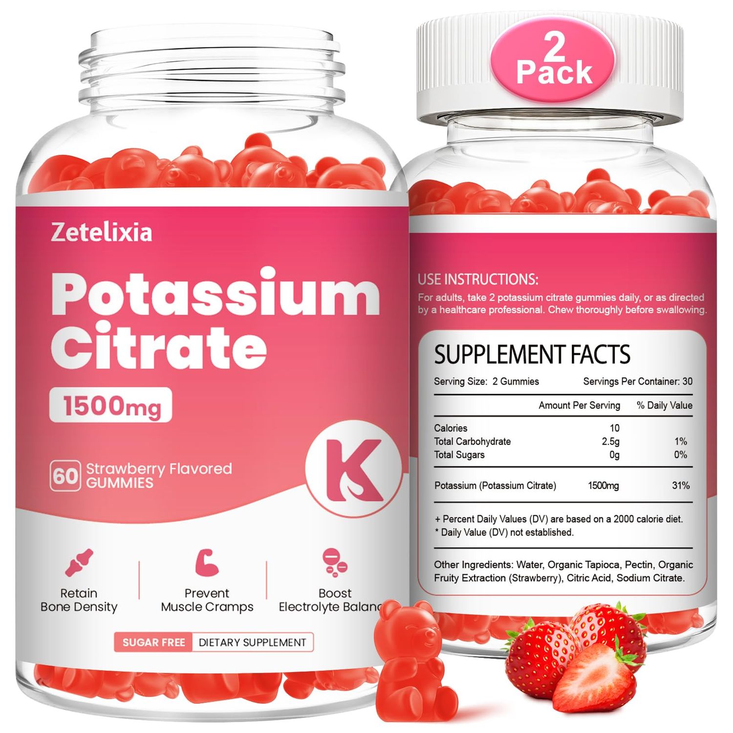 Zetelixia 2 Pack Potassium Gummies for Adults Women Men, Potassium Citrate Supplement, Support Leg Cramps, Muscle Health Electrolyte Balance, Sugar Free, Organic, Vegan, Strawberry, 120 Cts