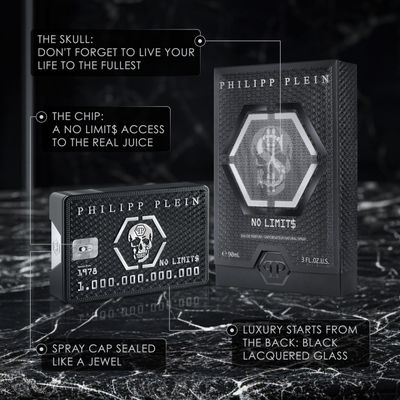 Philipp Plein - Eau de Parfum No Limits 90 ml - Parfum Homme - Notes Orientales et Boises - Un Tatouage Olfactif Indlbile et Sensuel - Bois Oriental - Flacon en Verre Laqu Noir