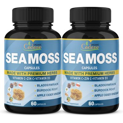 Organic Cadane 2 Packs Irish Sea Moss Powder Capsules VitaminC, D3, Zin.C, Bladderwrack, Burdock Root, Apple Cider, Elderberry, Pepper - Supports Immune System Overall Health - 2 Months Supply