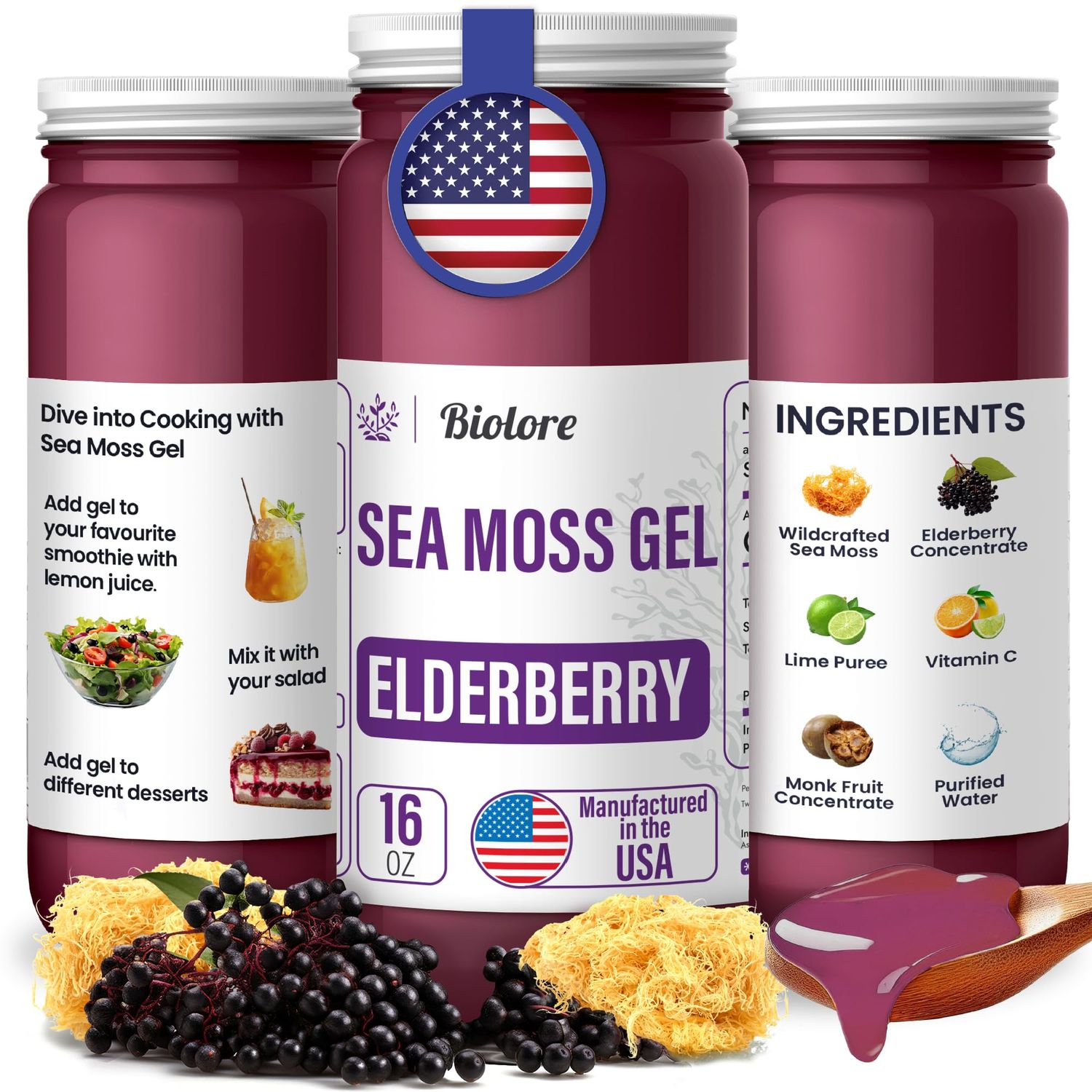Biolore Sea Moss Gel - Elderberry 16oz, Wildcrafted Irish Seamoss with Essential Vitamins Trace Minerals, Vegan Superfood Made in USA