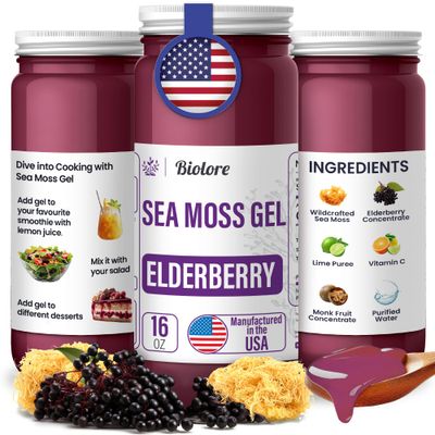 Biolore Sea Moss Gel - Elderberry 16oz, Wildcrafted Irish Seamoss with Essential Vitamins Trace Minerals, Vegan Superfood Made in USA
