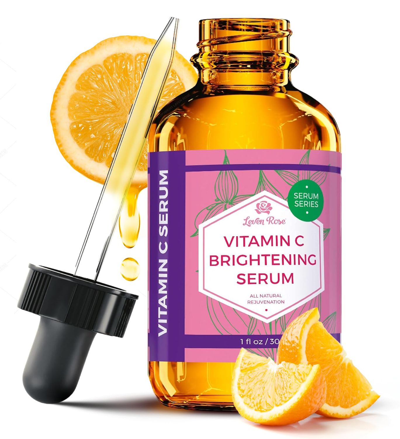 Vitamin C Brightening Serum by Leven Rose 100 Natural Dark Spot Remover for Face for Collagen Boost, Anti-Aging, Deep Hydrating for Dry Skin, Collagen Building Face Moisturizer 1 oz