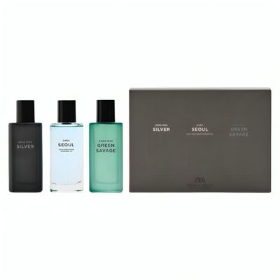 Zara Man Silver Seoul Green Savage Cologne for Men Fragrance Set EDT Eau De Toilette 3x 40 ML (1.35 FL OZ)