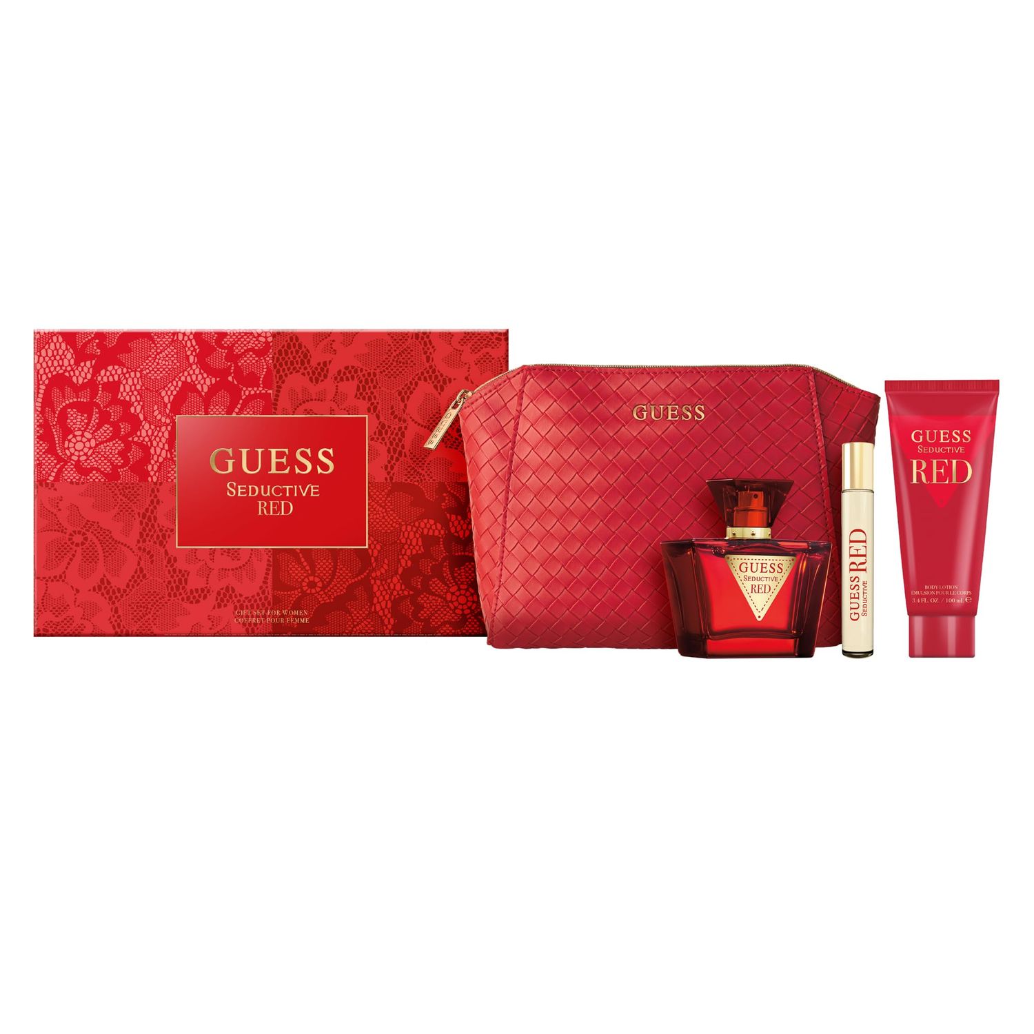 GUESS Seductive Red WomenFemme Eau de Toilette 4 Piece Gift Set - Perfume Spray 2.5 Fl. Oz. Travel Spray 0.5 Fl. Oz., Body Lotion 3.4 Fl. Oz., Pouch
