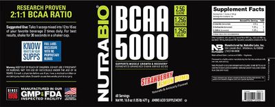 NutraBio BCAA 5000 Powder - Vegan Fermented BCAAs - Supports Lean Muscle Growth, Recovery, Endurance - 60 Servings - Strawberry Lemon Bomb