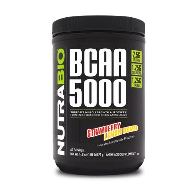 NutraBio BCAA 5000 Powder - Vegan Fermented BCAAs - Supports Lean Muscle Growth, Recovery, Endurance - 60 Servings - Strawberry Lemon Bomb