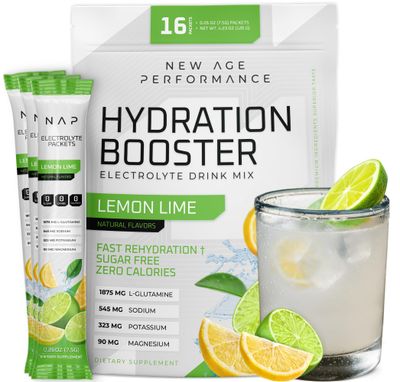 New Age Performance Hydration Packets, Electrolytes Powder, Liquid Enhancer for Dehydration Relief, L-Glutamine Amino Acids for Muscle Workout Recovery, Sugar Free 0 Calorie, 16 Sticks (Lemon Lime)