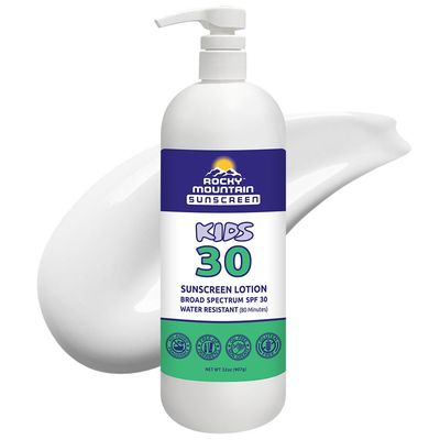KIDS Rocky Mountain Sunscreen Broad Spectrum UVAUVB Protection Hawaii 104 Reef Act Compliant (Oxybenzone Octinoxate Free) Water Resistant 80 Min. Fragrance Free Quart With Pump (32 Fl Oz)