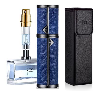 D-LOTUS Travel Perfume Bottle Refillable, Genuine Leather Perfume Atomizer Leakproof Mini Pocket Size Travel Cologne Sprayer for Cruise Car Trip Purse Gift 5ml (B-Blue)