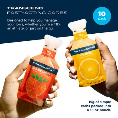 Transcend Foods Strawberry Orange Gels (1.1 oz, Pack of 10) Fast-Acting Carb Gel Strawberry and Orange Flavor - Caffeine Free, Gluten Free