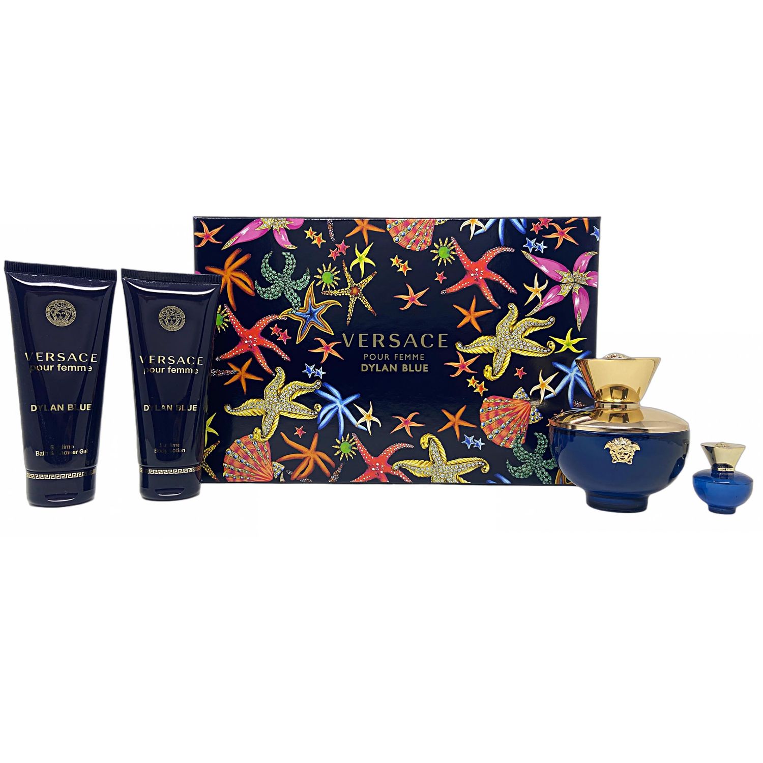 Versace Dylan Blue 4 Piece Gift Set for Women (3.3 Ounce Eau De Parfum Spray 3.4 Ounce Body Lotion 3.4 Ounce Shower Gel 0.17 Ounce Mini Spray)