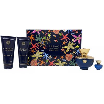 Versace Dylan Blue 4 Piece Gift Set for Women (3.3 Ounce Eau De Parfum Spray 3.4 Ounce Body Lotion 3.4 Ounce Shower Gel 0.17 Ounce Mini Spray)