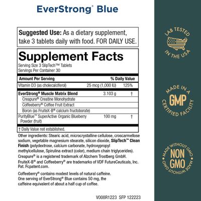 Purity Products EverStrong Blue Strength Building Brain Boosting wMuscle Matrix Blend ft. Creatine Monohydrate More, PurityBlue Organic Blueberry Complex, 1000 IU Vitamin D3-90 Tablets