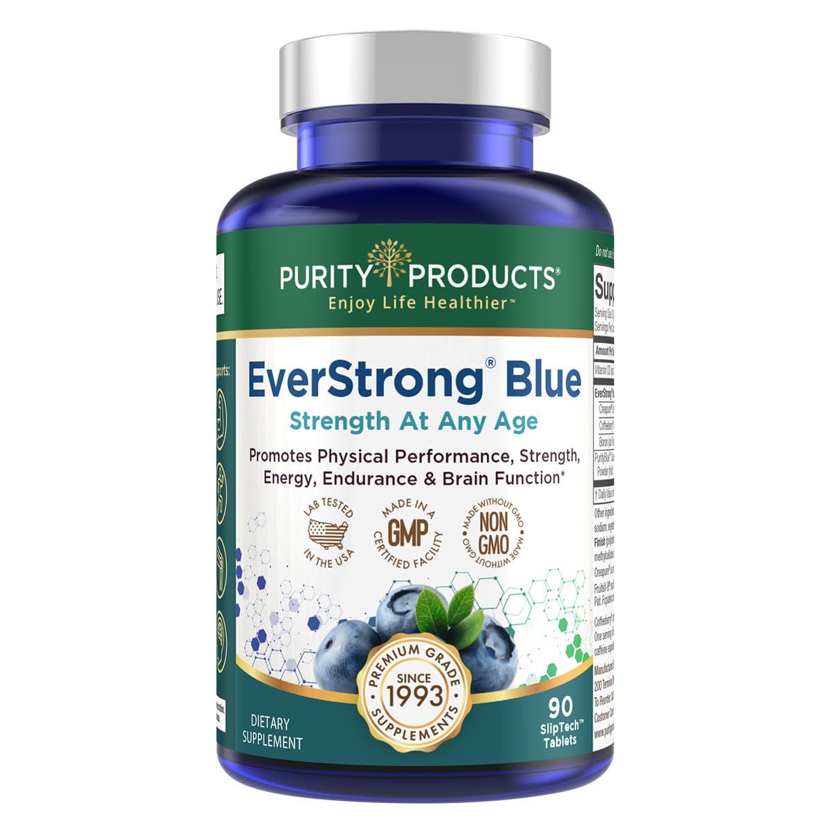 Purity Products EverStrong Blue Strength Building Brain Boosting wMuscle Matrix Blend ft. Creatine Monohydrate More, PurityBlue Organic Blueberry Complex, 1000 IU Vitamin D3-90 Tablets