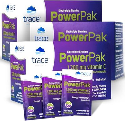 Trace Minerals Power Pak Electrolyte Powder Packets 1200 mg Vitamin C, Zinc, Magnesium Boost Immunity, Hydration and Natural Energy Acai Berry 90 Packets