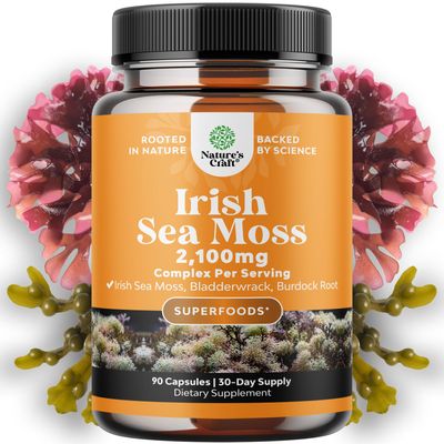 Organic Irish Sea Moss Capsules - Organic Sea Moss Pills with 2100mg Serving Superfood Complex with Bladderwrack Burdock Root and BioPerine for Immune Skin Thyroid Support - Vegan Non-GMO (1 Month)