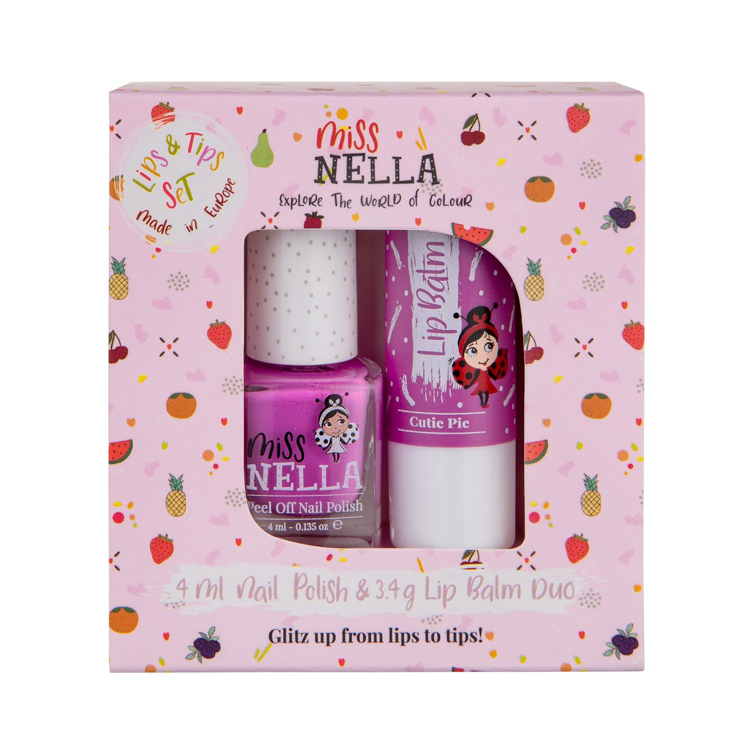 MISS NELLA Nail Polish Lip Balm set- Special Purple Glitter Nail Polish for Kids- BLUEBERRY SMOOTHIE, with Peel-off, Water Based Odour Free Formula CUTIE PIE purple hypoallergenic lip balm