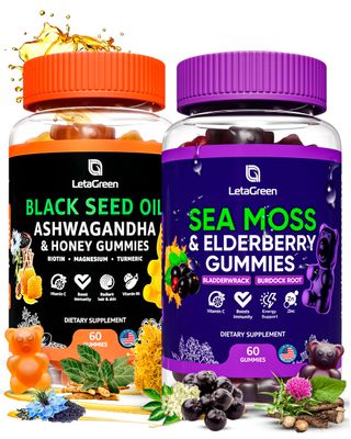 LetaGreen Irish Sea Moss and Black Seed Oil Gummies Bundle - 120 Vegan Gummies Bears - Elderberry for Kids Adults - Nigella Sativa with Ashwagandha Honey