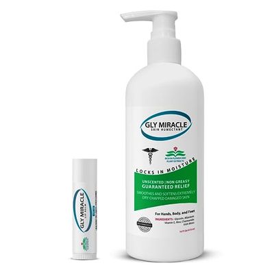 GLY MIRACLE Moisturizing Body Lotion Bundle 16 oz .15 oz Balm - Non-Greasy Skin Humectant for Extremely Dry Skin, Hands, Body, and Feet, Fragrance-Free with Glycerin and SPF30 Unflavored Lip Balm