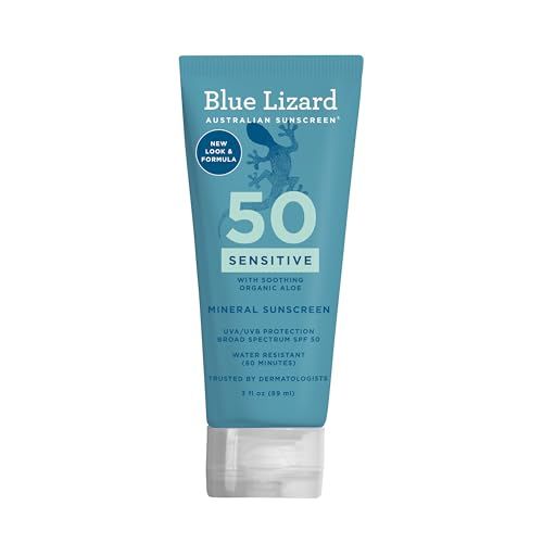 Blue Lizard SENSITIVE Mineral Sunscreen with Zinc Oxide, SPF 50, Water Resistant, UVAUVB Protection with Smart Cap Technology - Fragrance Free, 3 oz. Tube