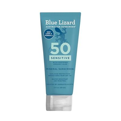 Blue Lizard SENSITIVE Mineral Sunscreen with Zinc Oxide, SPF 50, Water Resistant, UVAUVB Protection with Smart Cap Technology - Fragrance Free, 3 oz. Tube