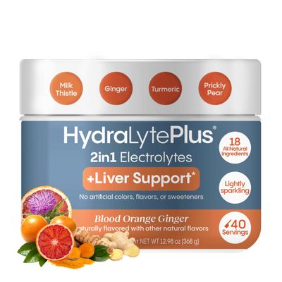Hydralyte Liver Support Electrolyte Mix with Milk Thistle, Turmeric, Ginger, Prickly Pear, Green Tea Extract Formulated for Rapid Rehydration, (Blood Orange Ginger, 40 Serve Tub)