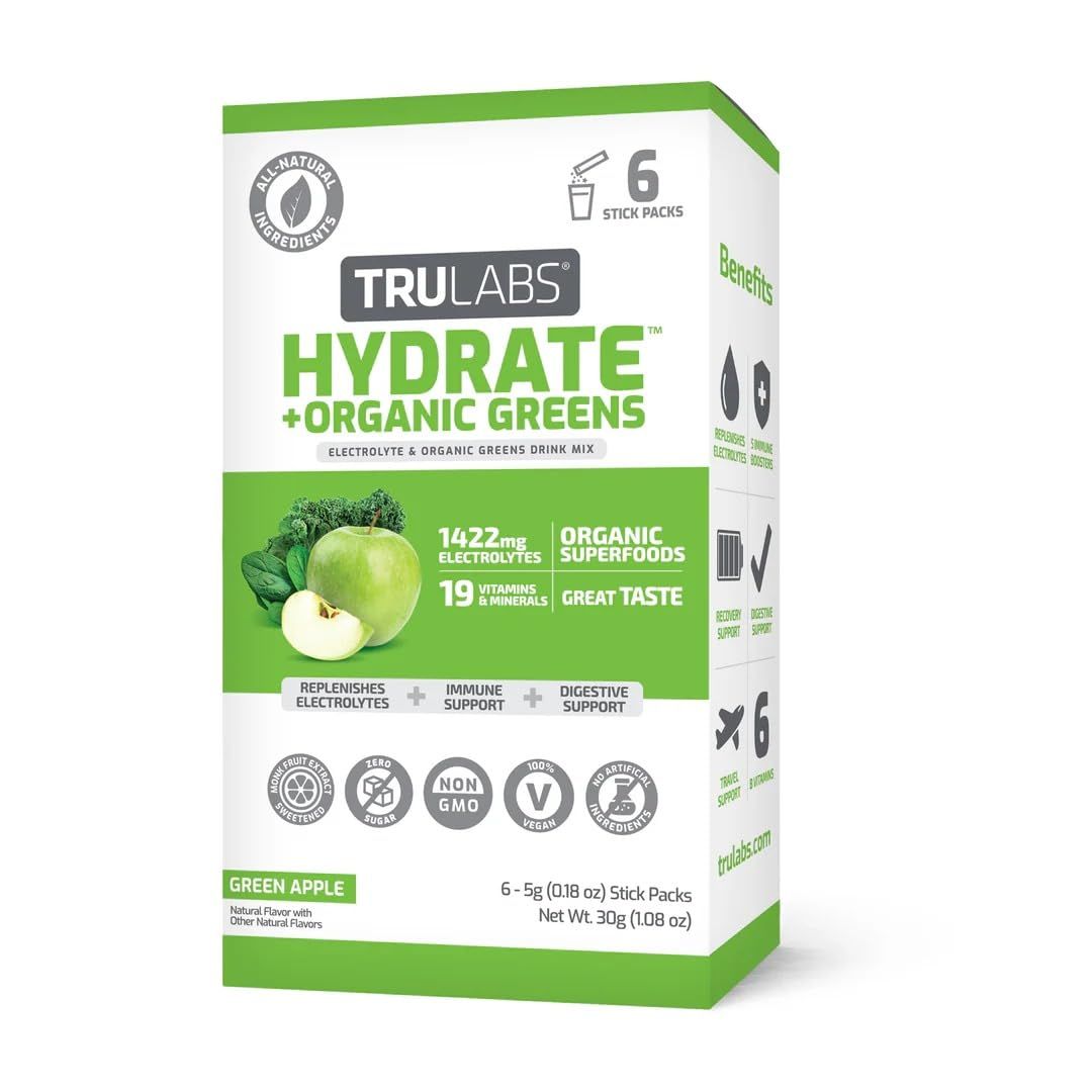 TRULABS Hydrate Organic Greens 6ct. Sugar Free Electrolytes Hydration Packets. Each Serving Contains 1422 mg of Electrolytes 19 Vitamins Minerals 4 Organic Greens.