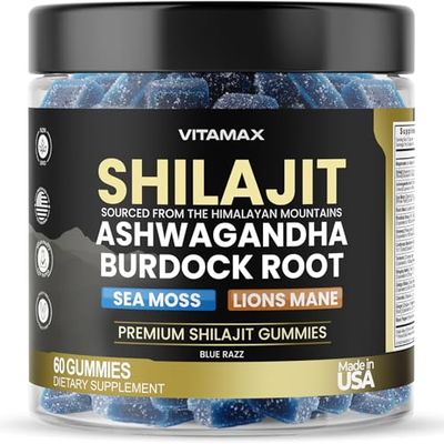 Organic Shilajit Gummies, Sea Moss, Ashwagandha, 105 Trace Minerals - Organic Burdock Root Lions Mane Mushroom - Blue Razz - Vegan Non-GMO - Made in USA - 60ct