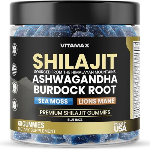 Organic Shilajit Gummies, Sea Moss, Ashwagandha, 105 Trace Minerals - Organic Burdock Root Lions Mane Mushroom - Blue Razz - Vegan Non-GMO - Made in USA - 60ct