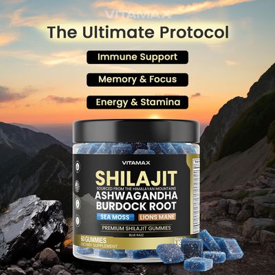 Organic Shilajit Gummies, Sea Moss, Ashwagandha, 105 Trace Minerals - Organic Burdock Root Lions Mane Mushroom - Blue Razz - Vegan Non-GMO - Made in USA - 60ct
