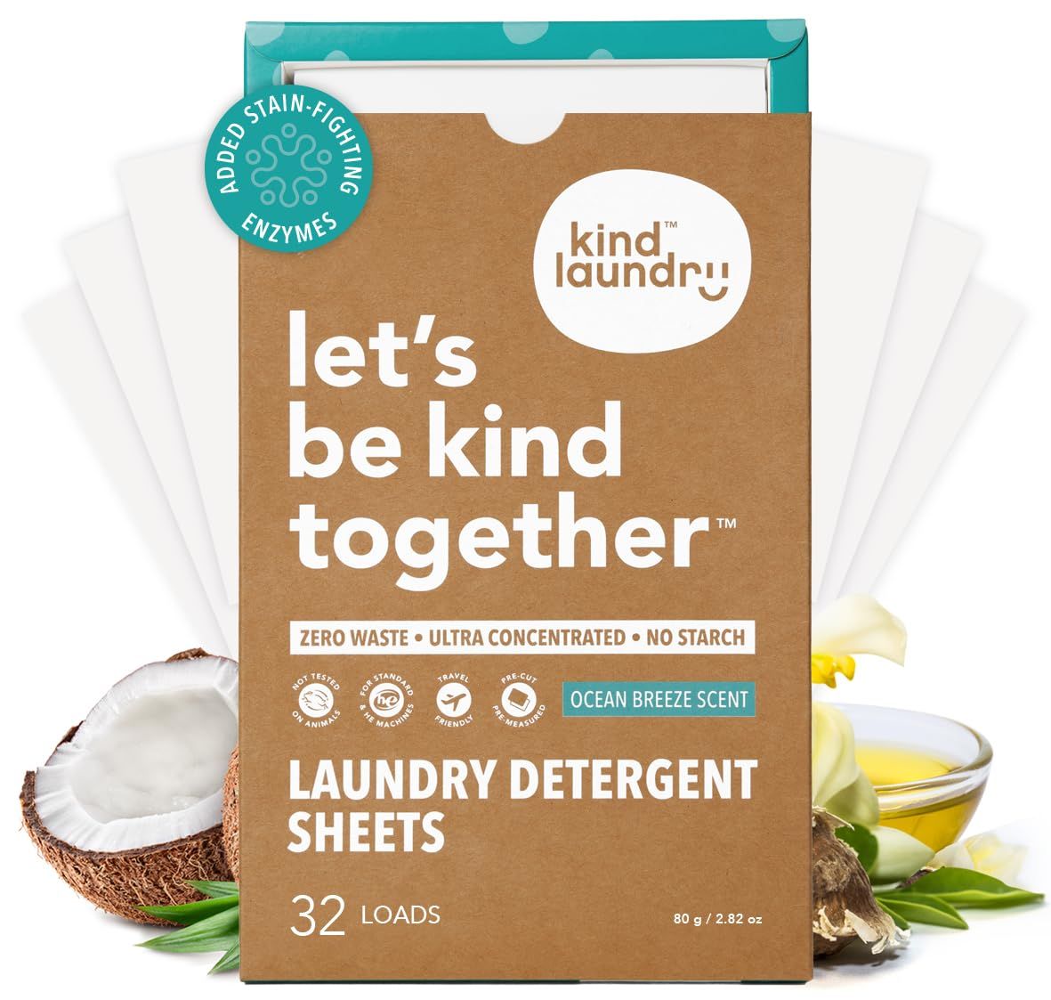 Kind Laundry Detergent Sheets with Stain-Fighting Enzymes - Plant Powered Eco-Friendly Laundry Soap Sheets - Home or Travel Laundry Detergent - Ocean Breeze, 32 Loads (Mom&#39;s Choice Award Winner)