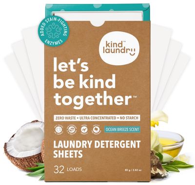 Kind Laundry Detergent Sheets with Stain-Fighting Enzymes - Plant Powered Eco-Friendly Laundry Soap Sheets - Home or Travel Laundry Detergent - Ocean Breeze, 32 Loads (Mom&#39;s Choice Award Winner)
