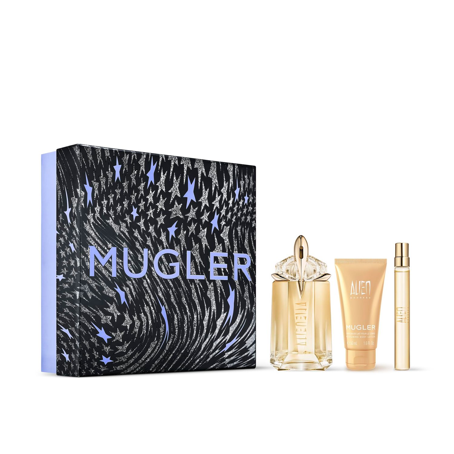 Mugler Alien Goddess Eau de Parfum - Women&#39;s Fragrance Gift Set - Floral Woody - With Bergamot, Jasmine, and Vanilla - Full Size, 2 Fl Oz, Body Lotion, 1.7 Fl Oz Travel Size, 0.33 Fl Oz