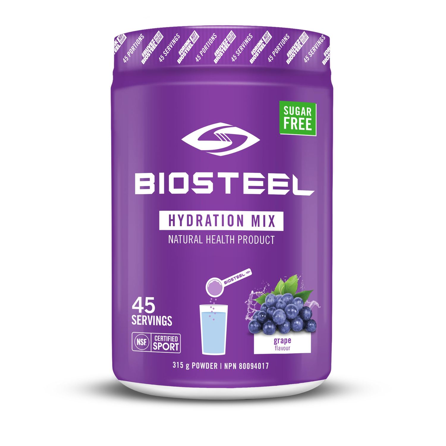 BioSteel Zero Sugar Hydration Mix, Great Tasting Hydration with 5 Essential Electrolytes, Grape, 45 Servings per Tub