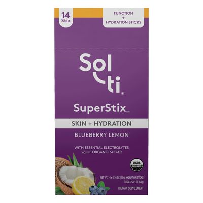 Sol-ti Organic Electrolyte Skin Hydration Drink Mix, Superfood Hydration Sticks, SuperStix, Non-GMO, Vegan, Blueberry Lemon, 14 Single-Serving Sticks